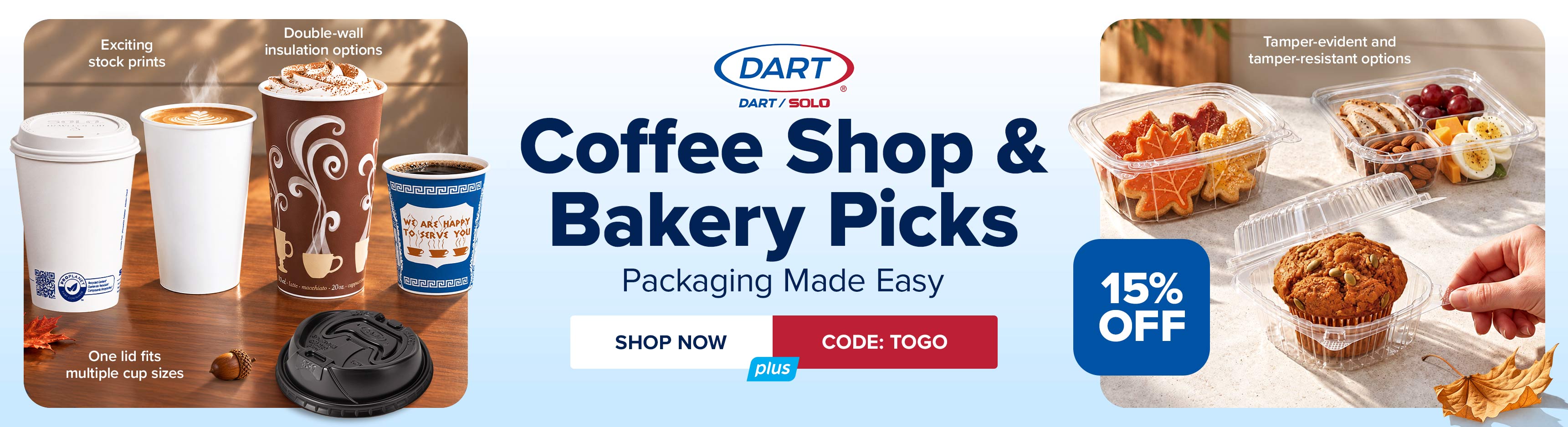 Save 15% on Coffee Shop and Bakery Picks from Dart-Solo, Packaging Made Easy, Use Code: TOGO
