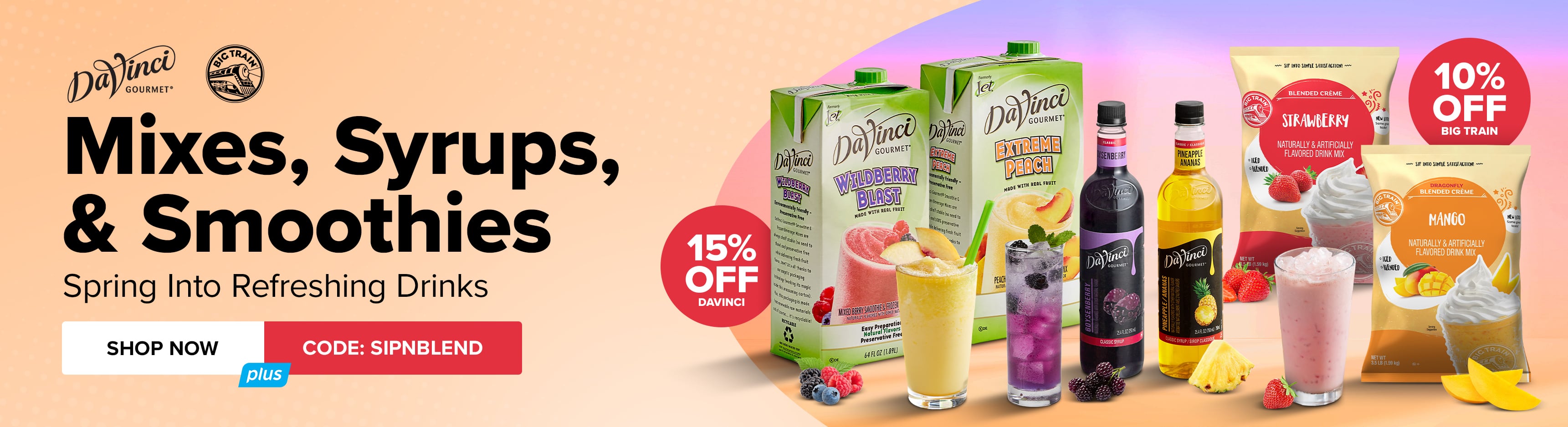 DaVinci and Big Train Mixes, Syrups, and Smoothies. Spring Into Refreshing Drinks. Shop Now. Use Code: SIPNBLEND and Save.