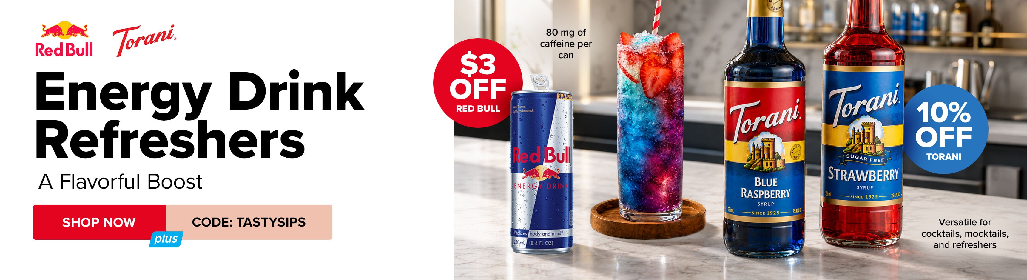 Save 10% on Torani and $3 off Red Bull For Energy Drink Refreshers