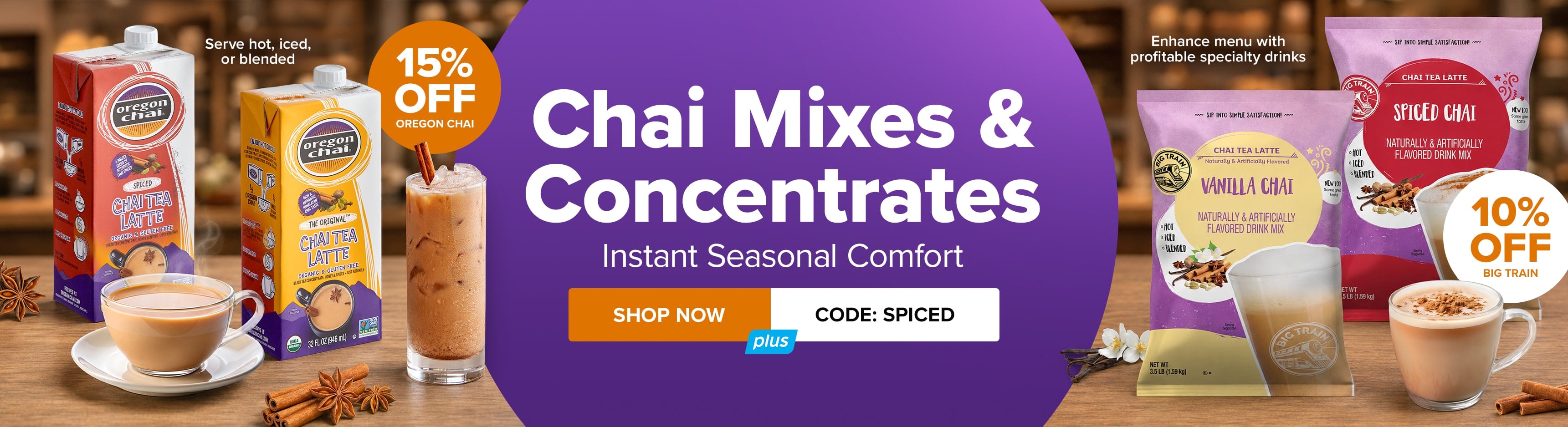 Save Up to 15% This Week on Oregon Chai & Big Train Chai Mixes & Concentrates; Use Code: SPICED