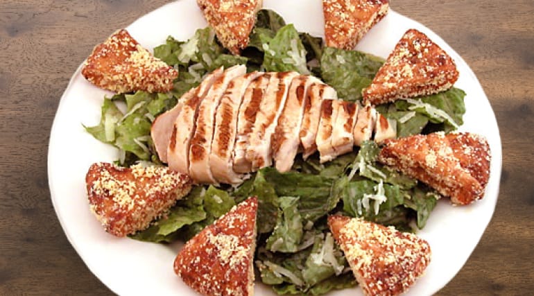 Chicken Caesar Salad with Crunchy Cheese Points