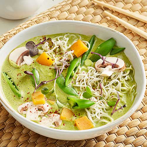 soup with noodles peas and mushrooms