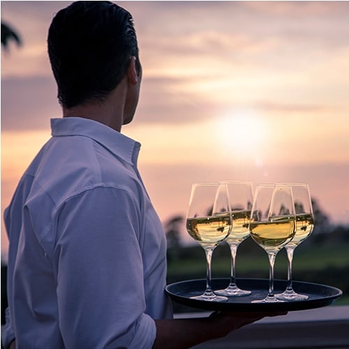 Server on a vineyard patio carrying multiple wine glasses on a tray