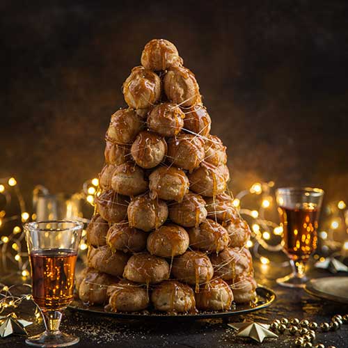 festive croquembouche with caramel for christmas