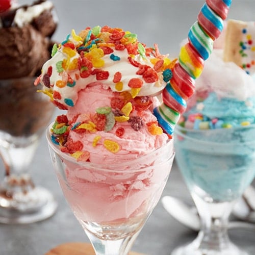 strawberry ice cream with fruity cereal topping
