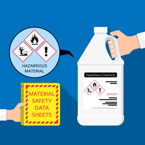 Graphic illustration of a hazardous substance and a safety data sheets binder
