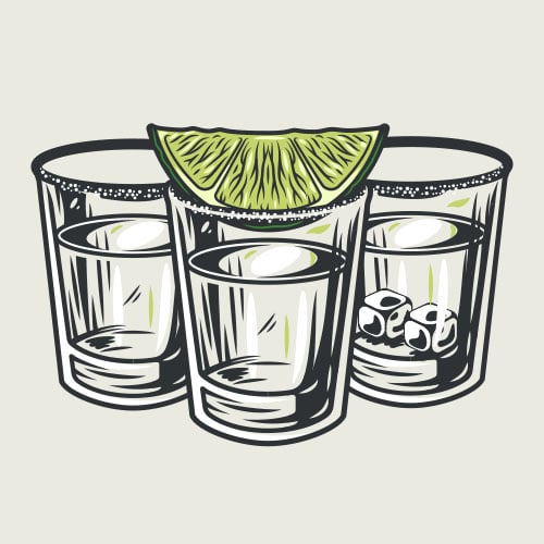 Illustration of a shot served neat, a shot served on ice, and a shot served with lime.