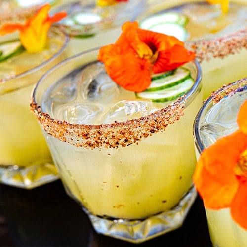 row of tajin rimmed margarits