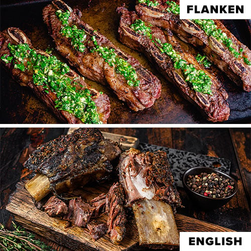 Two side-by-side photos of flanken cut short ribs and English cut short ribs