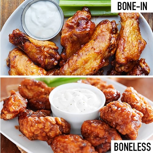 Two side-by-side images. The top image depicts bone-in wings on a plate with blue cheese dressing and celery sticks. The bottom image depicts boneless wings on a plate with blue cheese dressing and celery sticks.