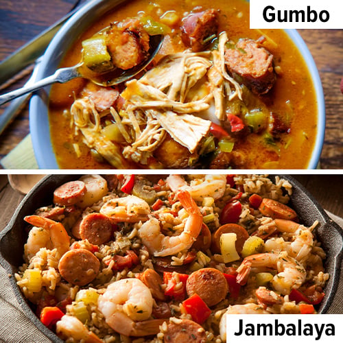 Dishes of Chicken Gumbo & shrimp and sausage Jambalaya side by side