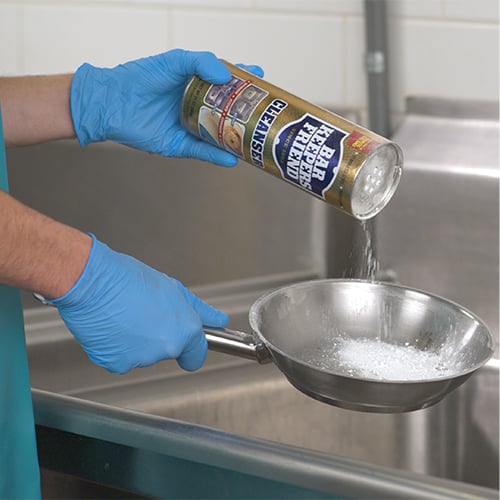 Cleaning stainless steel pan with Barkeeper's Friend commercial cleaner