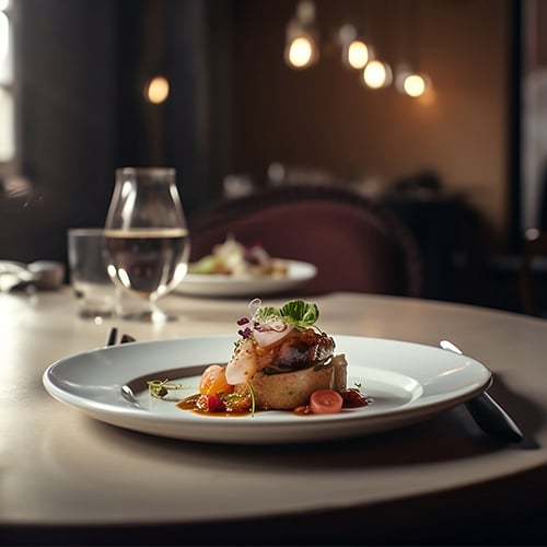 elegantly plated food served on a large table in a restaurant