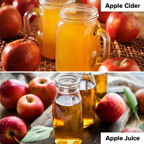 Two images comparing apple juice to apple cider