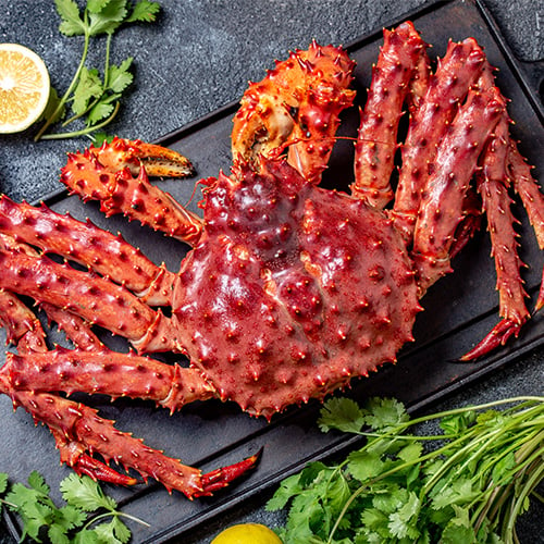 Large red King Crab on table with lemon & cilantro