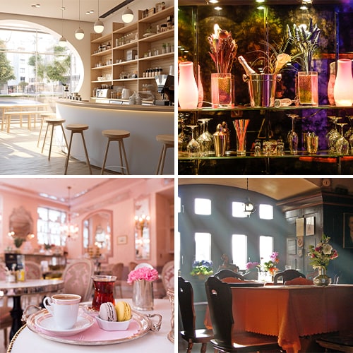 collage of unique and visually interesting themed restaurant interiors
