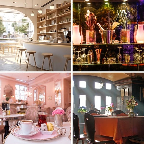 collage of unique and visually interesting themed restaurant interiors