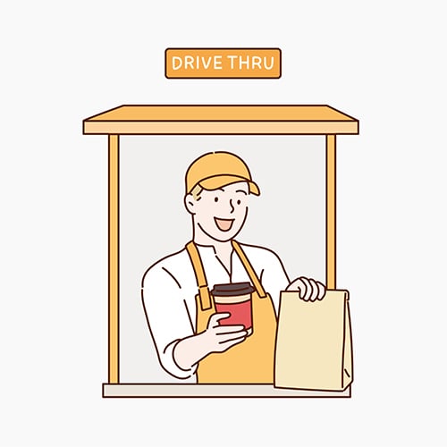 illustration of a drive-thru worker handing a gust their coffee