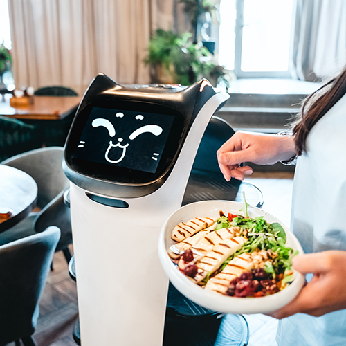automation robot beside a server with a plate of chicken