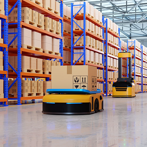 automated warehouse shipping robots moving packages