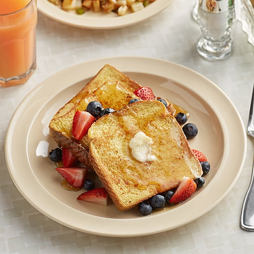 french toast on beige melamine plate