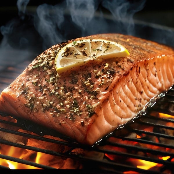 salmon steak on a grill