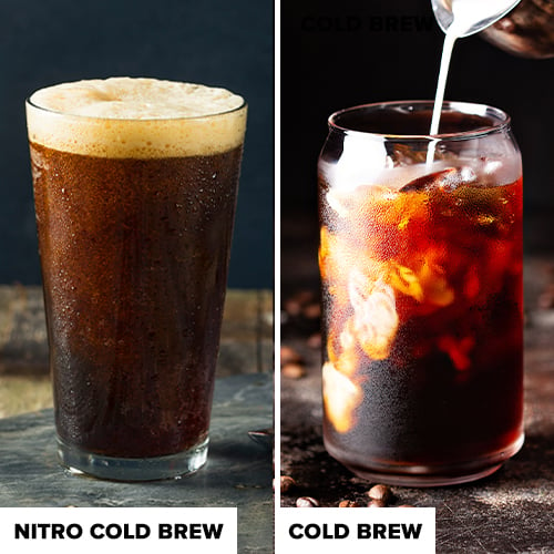 labeled images of nitro cold brew and regular cold brew side by side to compare and contrast them