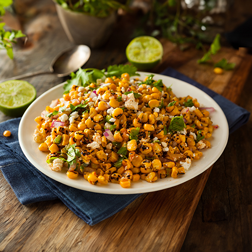 grilled corn salad on a white plate with cotija cheese