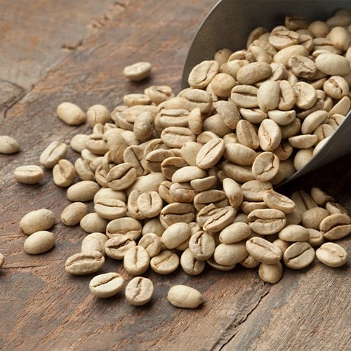 White coffee beans in scoop and scattered on a table