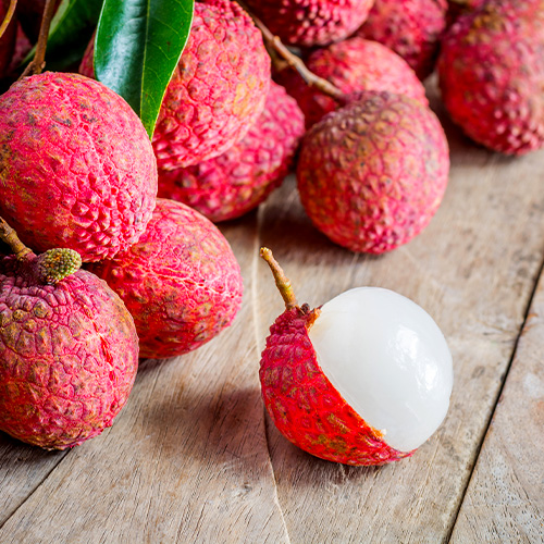 Lychees spread out on table