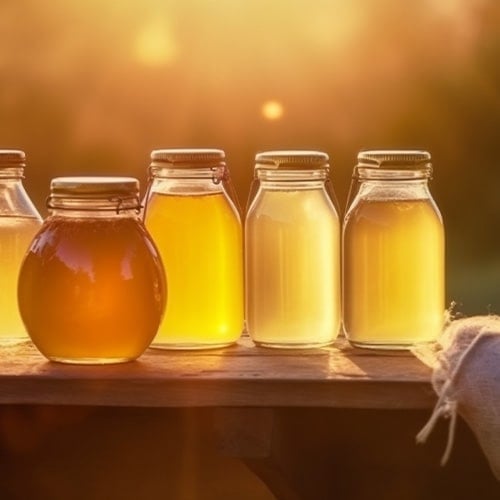 different types of honey in various shaped bottles with sunset behind