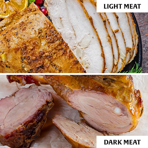 comparison photo of white and dark meat using sliced turkey breast and sliced turkey leg meat