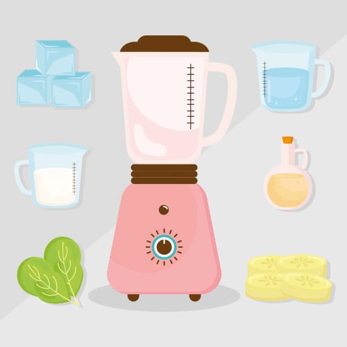 Colorful illustrations of a blender and smoothie ingredients and components