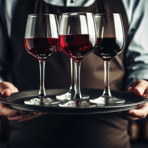 Man holding a black circular tray with 3 wine glasses on top