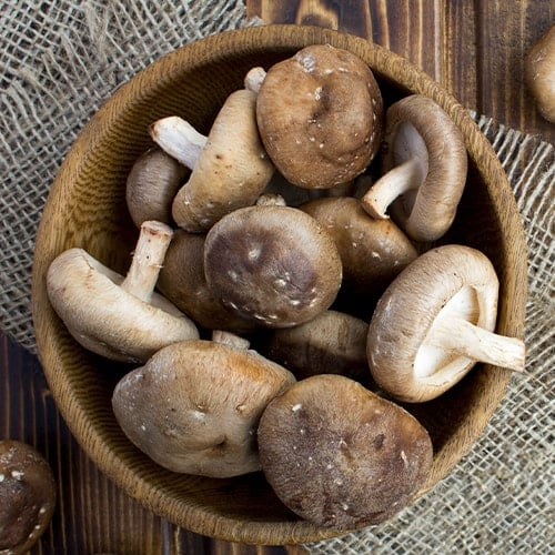 mushrooms shiitake in a brown plate on a rustic wooden background