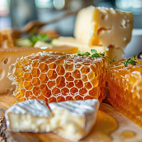Honeycomb pieces with cheese on a board