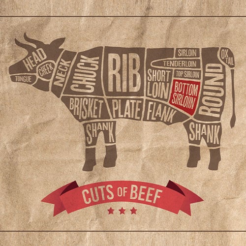 Cuts of beef diagram with bottom sirloin highlighted