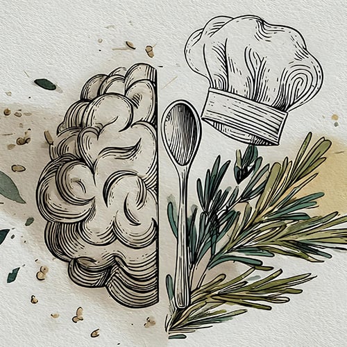 Line drawing of a brain and a chef hat on a piece of paper