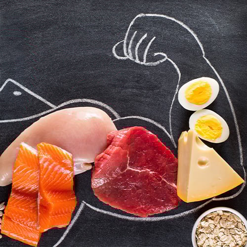 Meats and other proteins on a chalk board