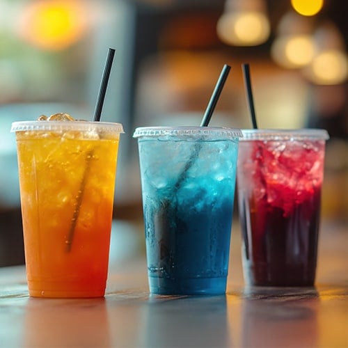three colorful teas in to go cups in a coffee shop