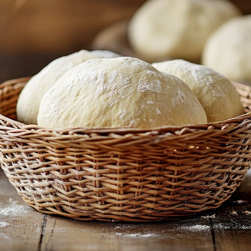 Fresh bread dough in a basket on table