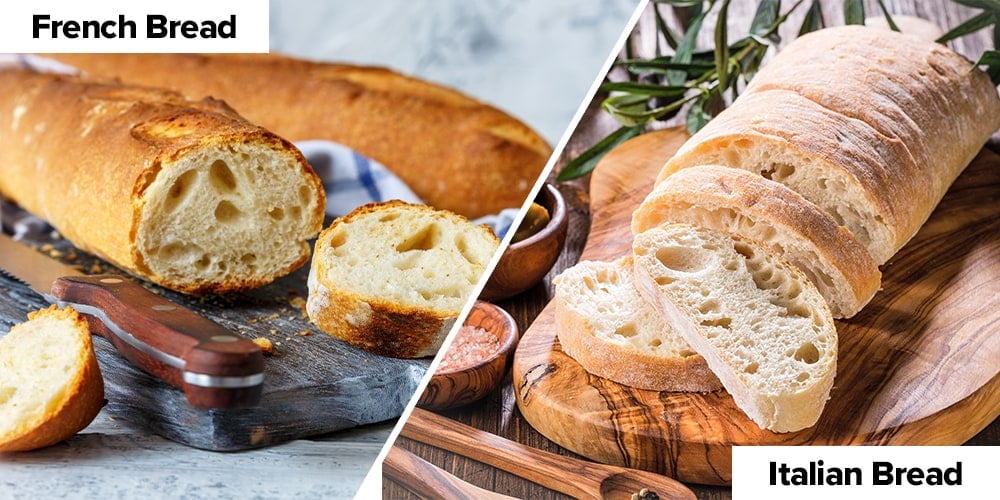 Split image comparison of french vs italian bread