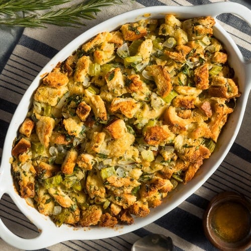 homemade stuffing made with bagels ready to serve