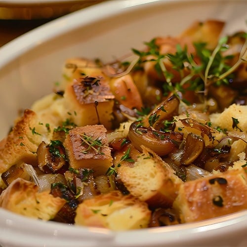stuffing made with brioche and caramelized onions
