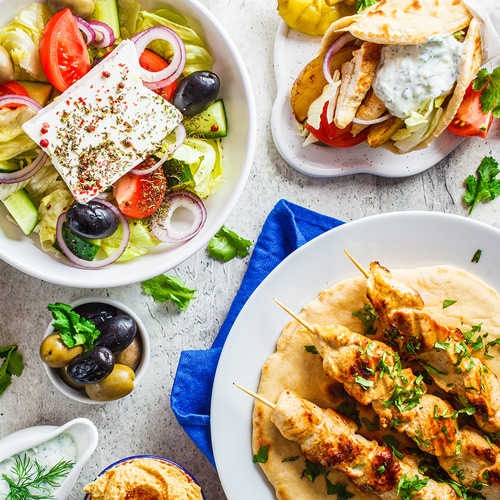 Aerial shot of famous Greek cuisine dishes