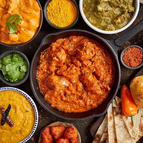 Aerial shot of famous Indian cuisine dishes