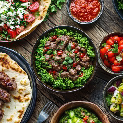 Aerial shot of famous Middle Eastern cuisine dishes