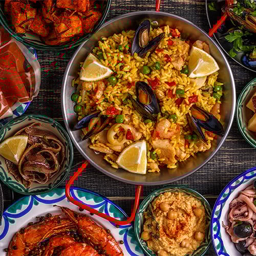 Aerial shot of famous Spanish cuisine dishes