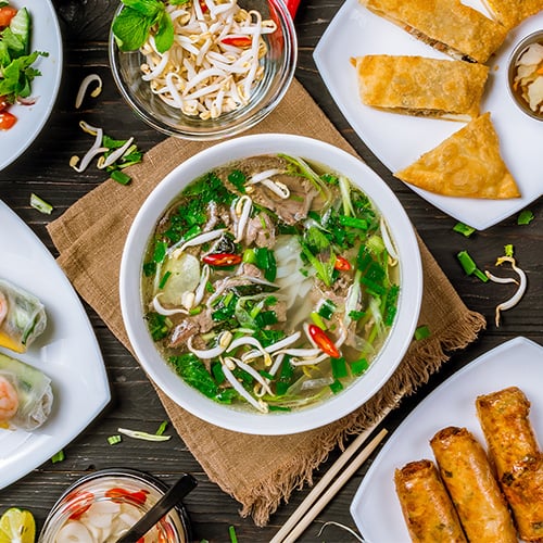 Aerial shot of famous Vietnamese cuisine dishes