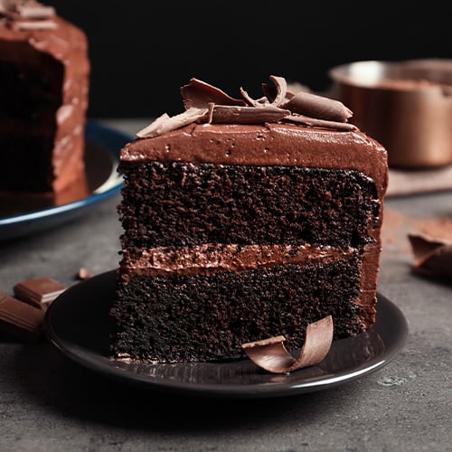 Chocolate cake slice sitting on a plate